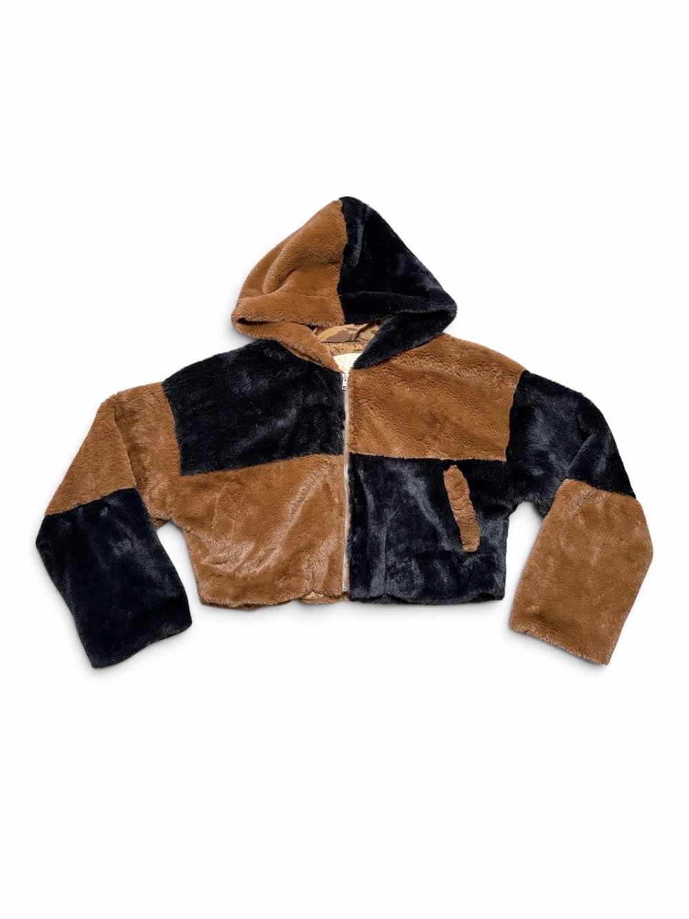 Altar'd State Faux Fur Colorblock Cropped Hooded Jacket Brown Black Small NWOT